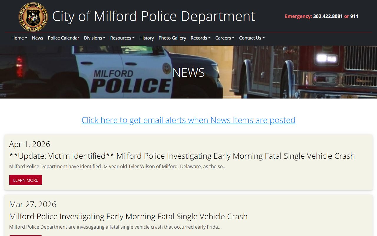Milford Police News page with warrant records activity