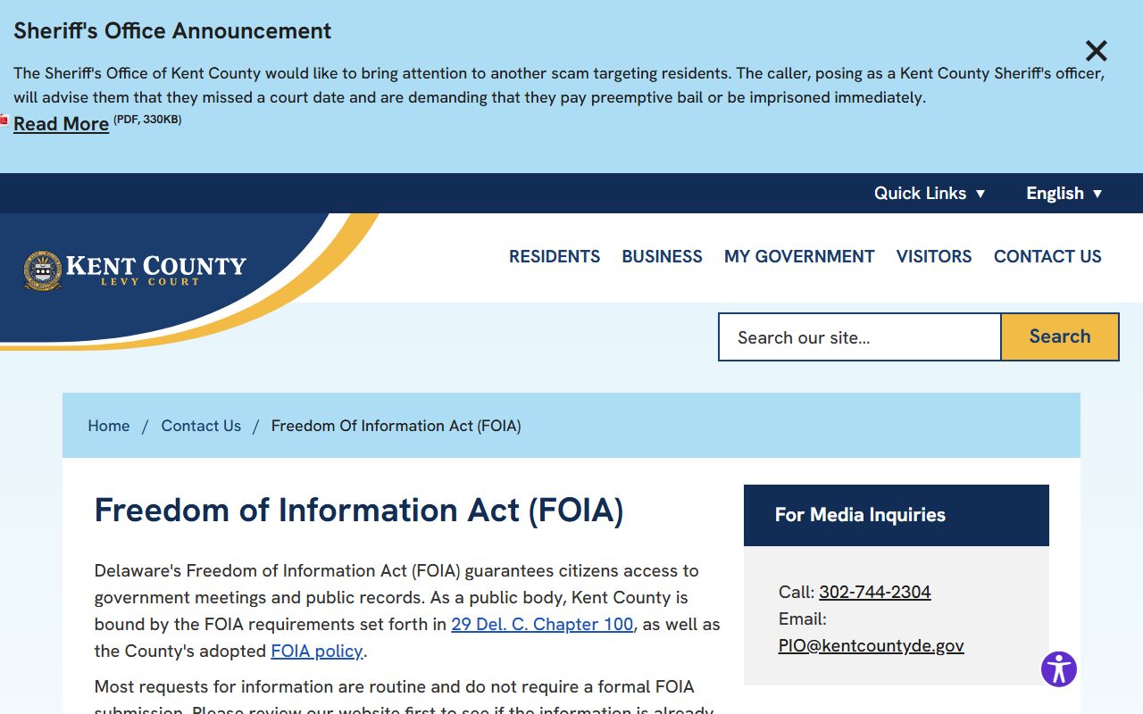 Kent County FOIA request page for warrant records access