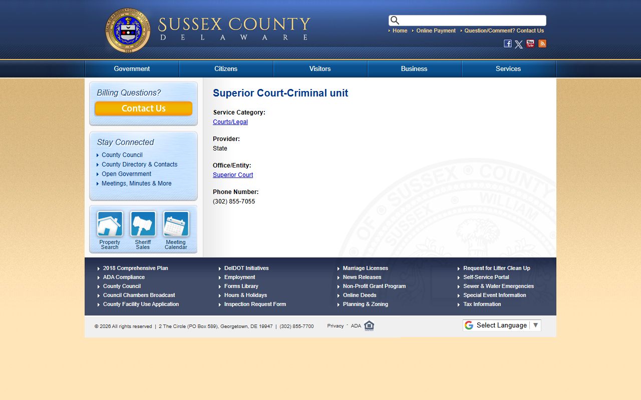 Sussex County Superior Court Criminal Unit warrant records page
