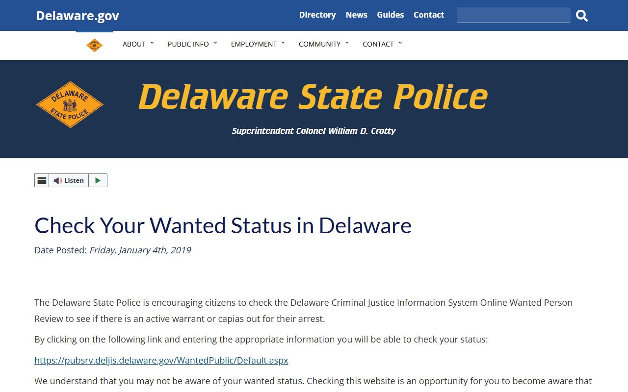 Delaware State Police announcement on checking warrant records status