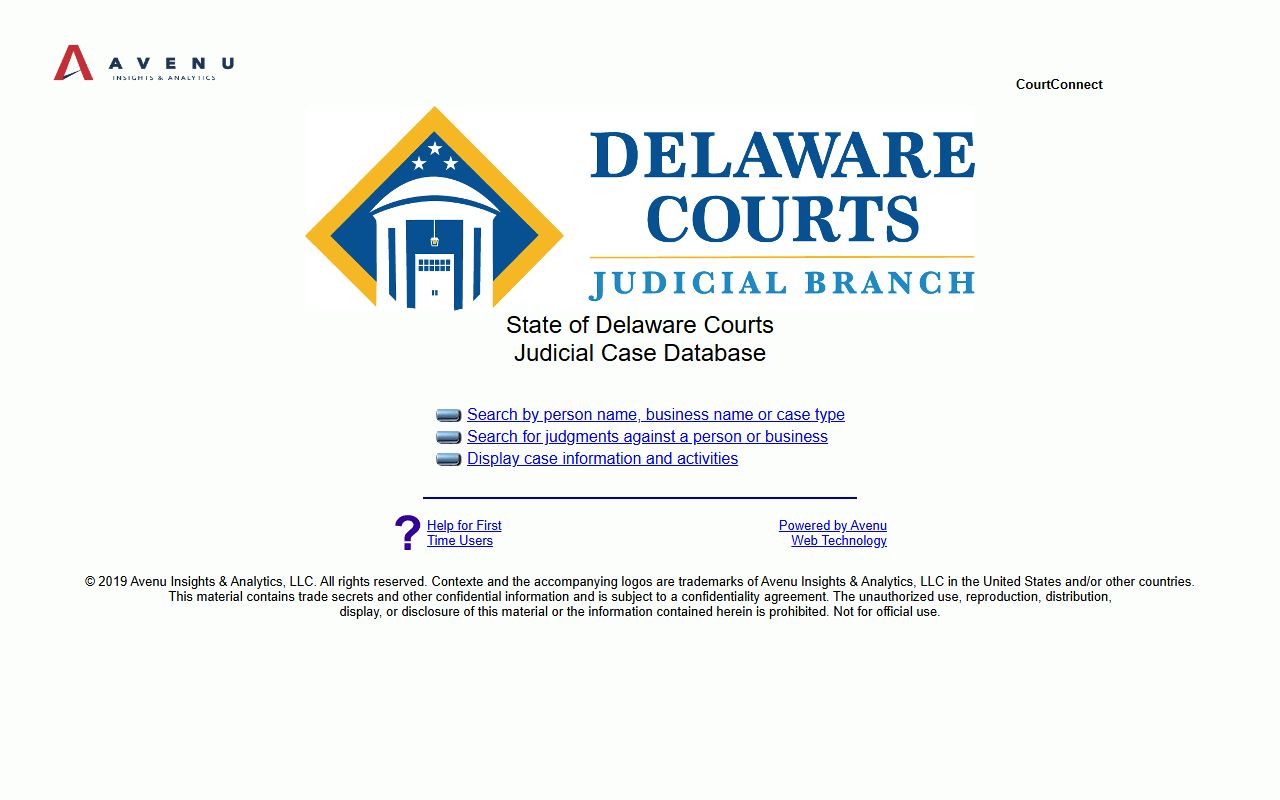 Delaware CourtConnect portal for warrant records and docket search