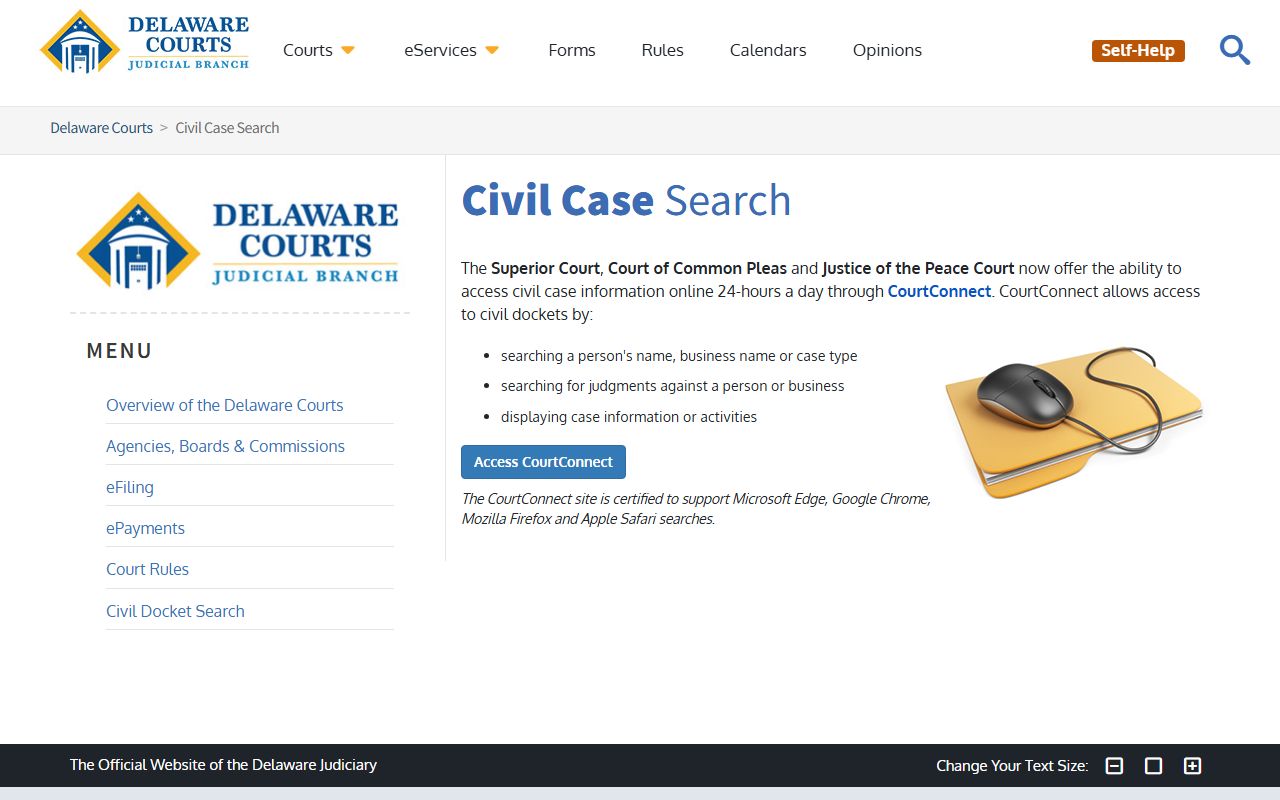 Delaware Courts Civil Case Search for Delaware warrant records