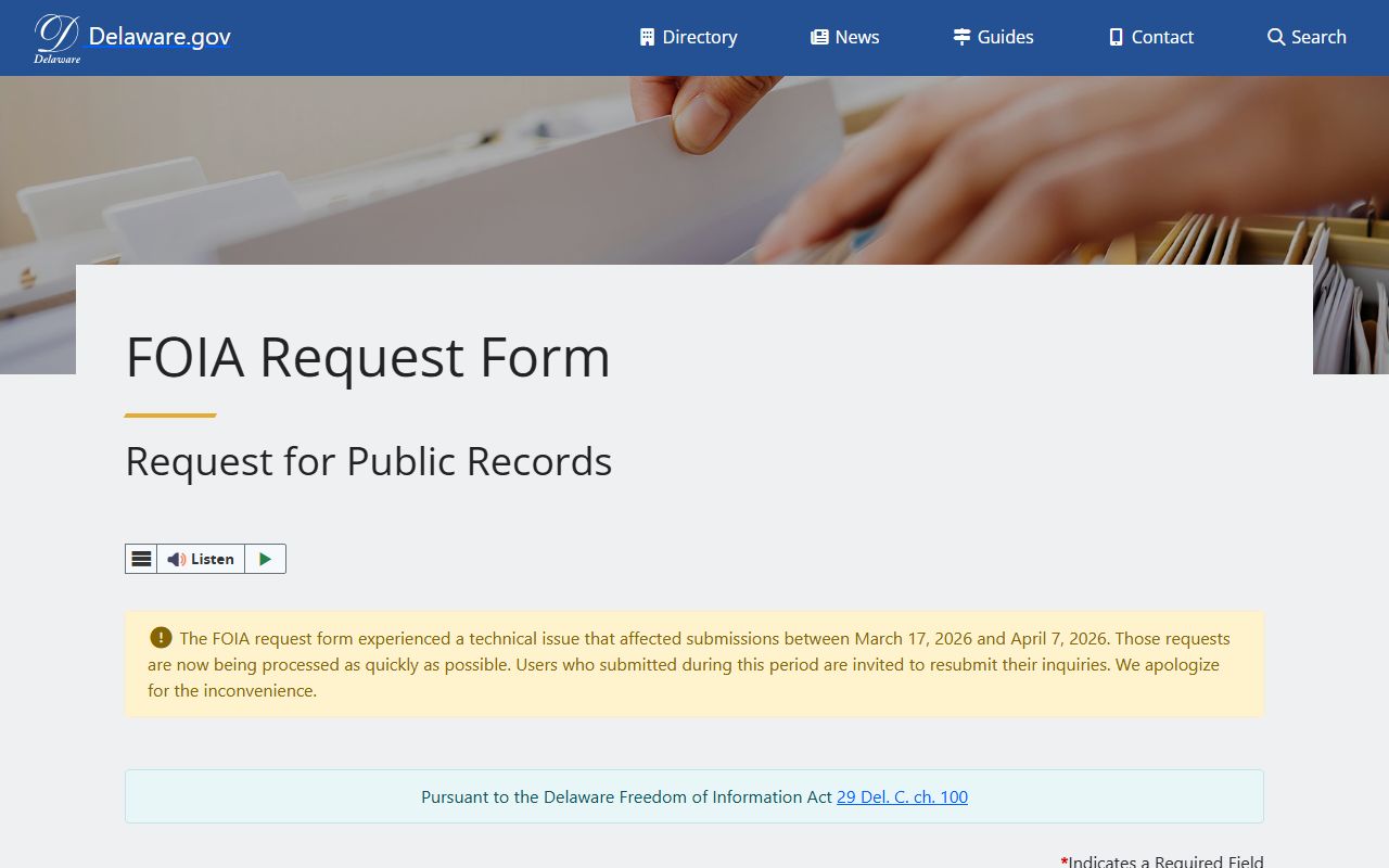 Delaware FOIA Request Form for warrant records access