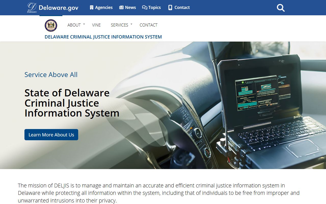 DELJIS homepage for Delaware warrant records search and court services