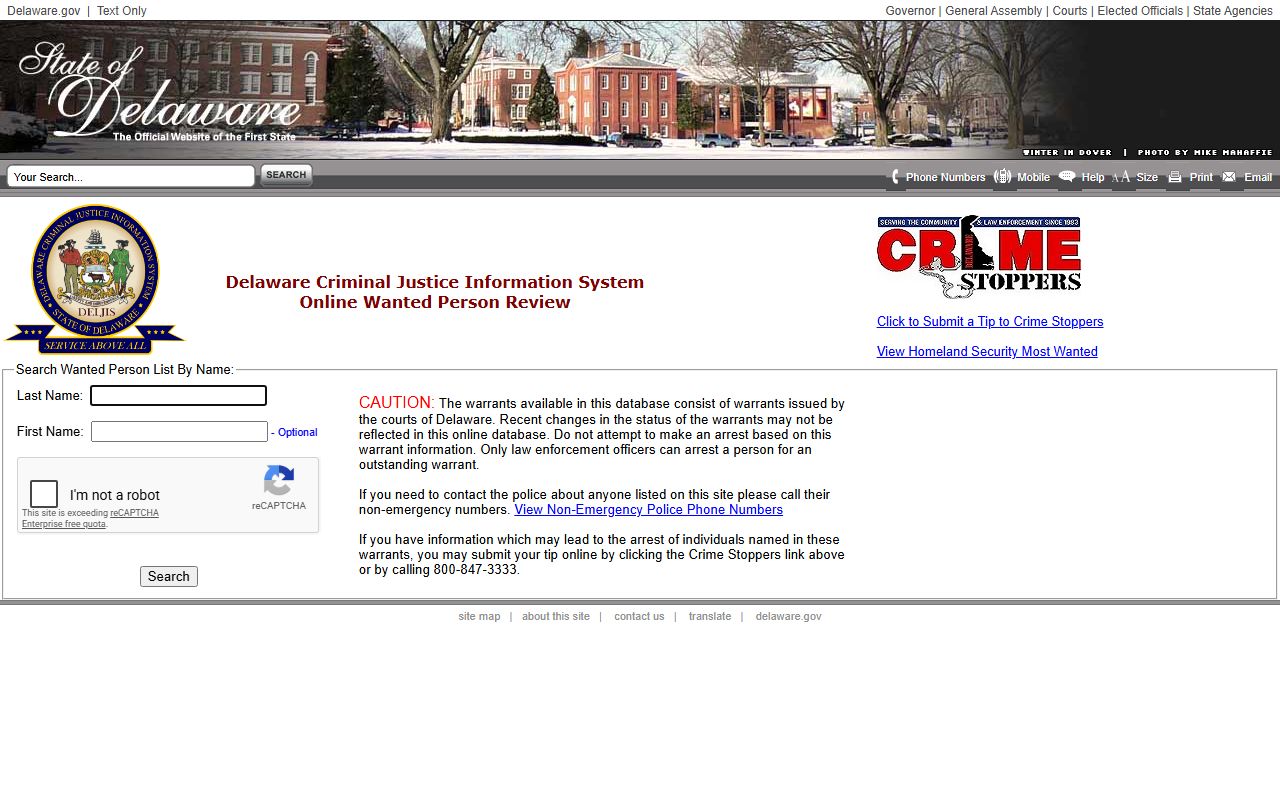 Delaware DELJIS Wanted Persons Portal for warrant records search